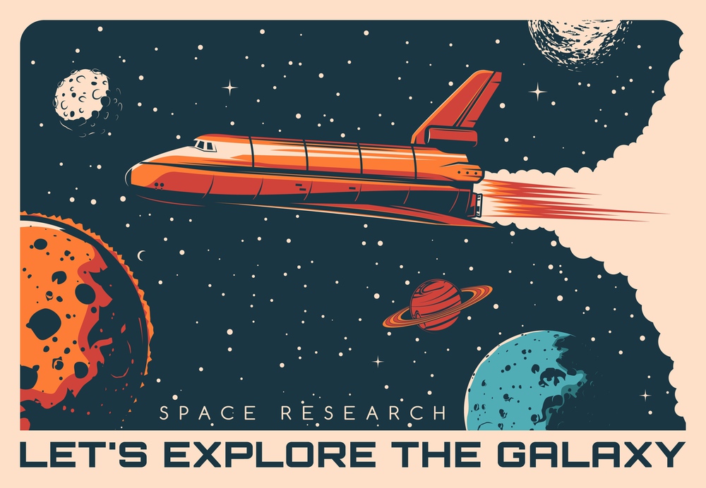 Space shuttle galaxy exploration retro vector poster. Rocketship flying in outer space among stars and planets. Galaxy research and planets discovery mission, aerospace science vintage poster. Space exploration, shuttle rocketship retro poster