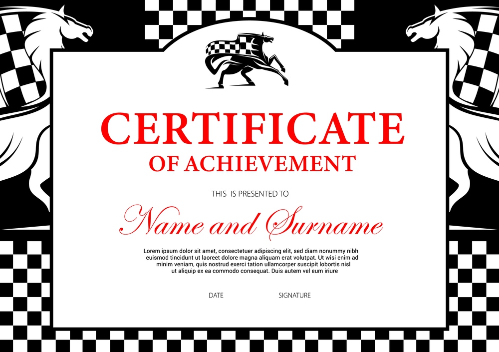 Certificate of achievement or participation for horse race winner. Stallion racing award border design with horse and chequered flag. Victory celebration best result frame. Certificate of achievement, horse race winner