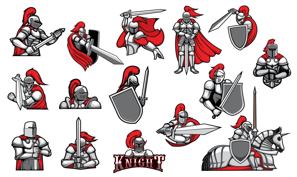 Knights with swords, isolated heraldic vector mascots. Heraldic symbols of royal knight in helmet with red plumage, ancient soldiers. Medieval warriors or guard icons with blade in armour and cape. Knights with swords isolated vector mascots
