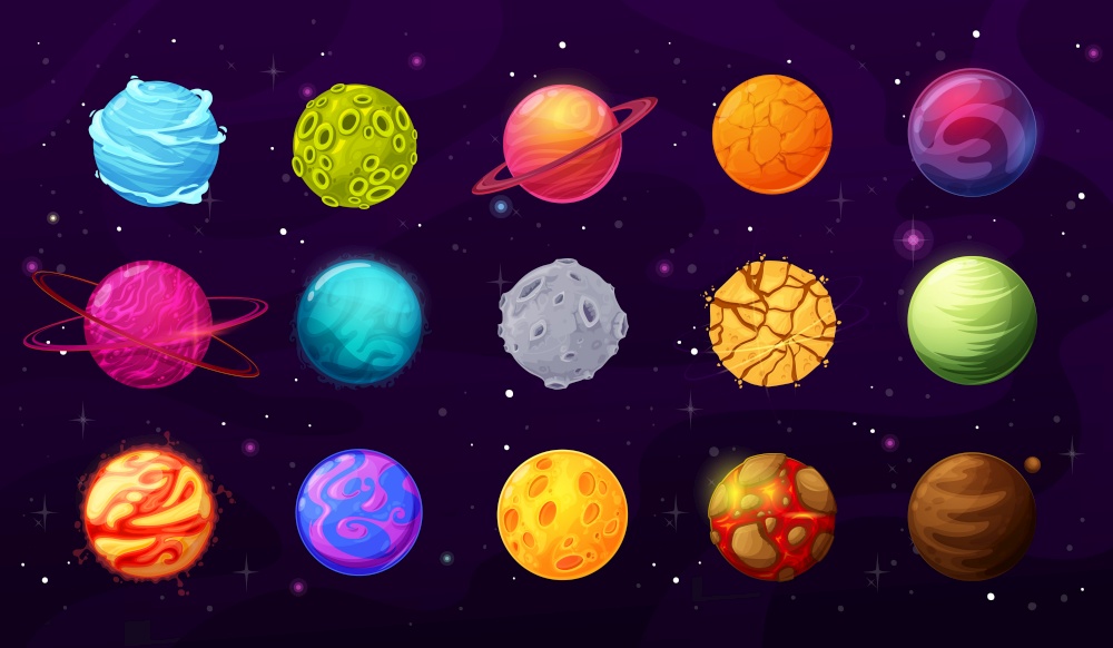 Fantasy space planets, stars and asteroids cartoon vector set. Alien worlds, planets with craters, cracks and lava on surface, orbital rings vector. User GUI, UI graphic interfaces and game elements. Fantasy space planets surfaces cartoon vector set