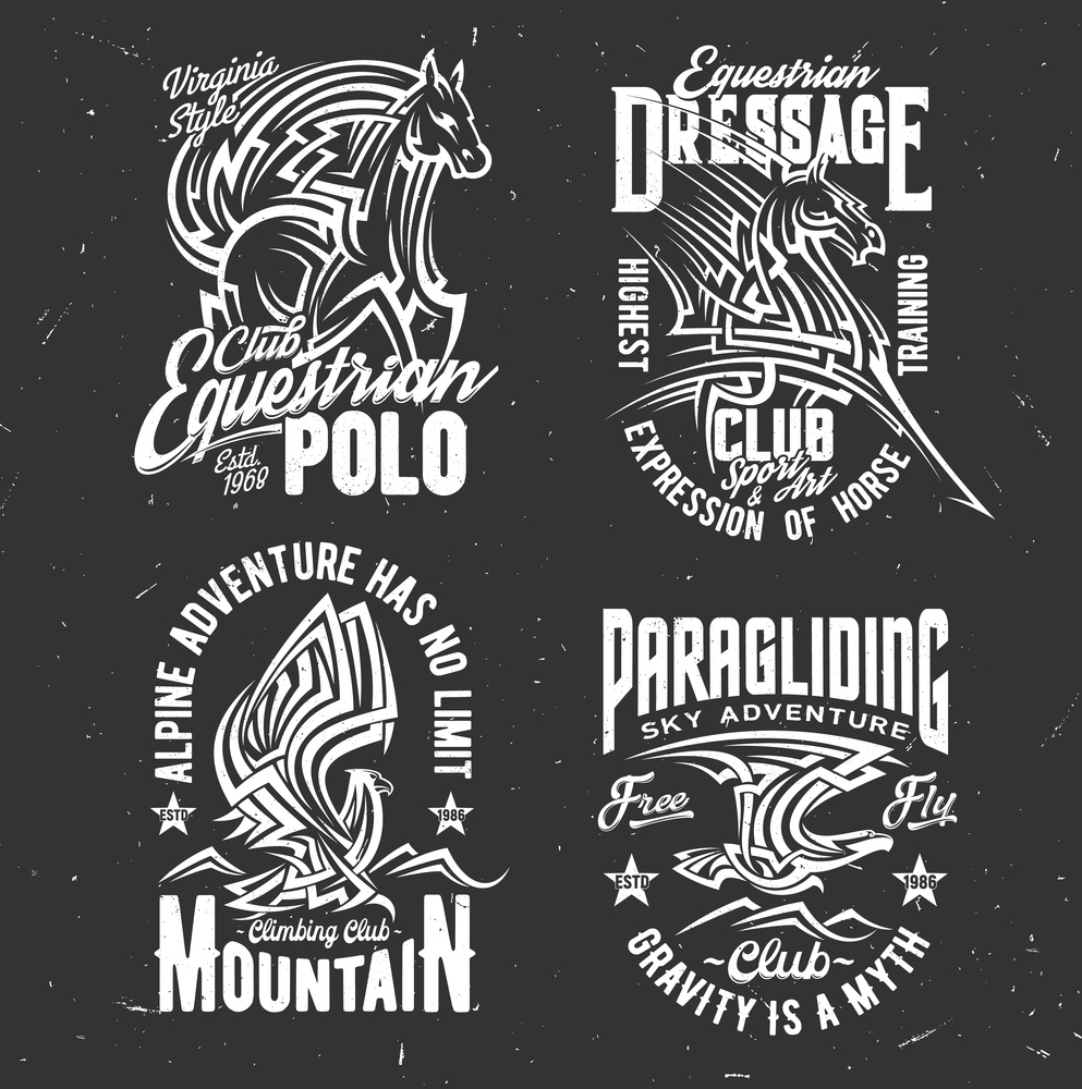 T-shirt prints with horse and eagle. Vector mascots of equestrian, climbing and paragliding club apparel. Isolated stallion and hawk monochrome t-shirt prints for sport team, emblems design. T-shirt prints with horse and eagle mascots