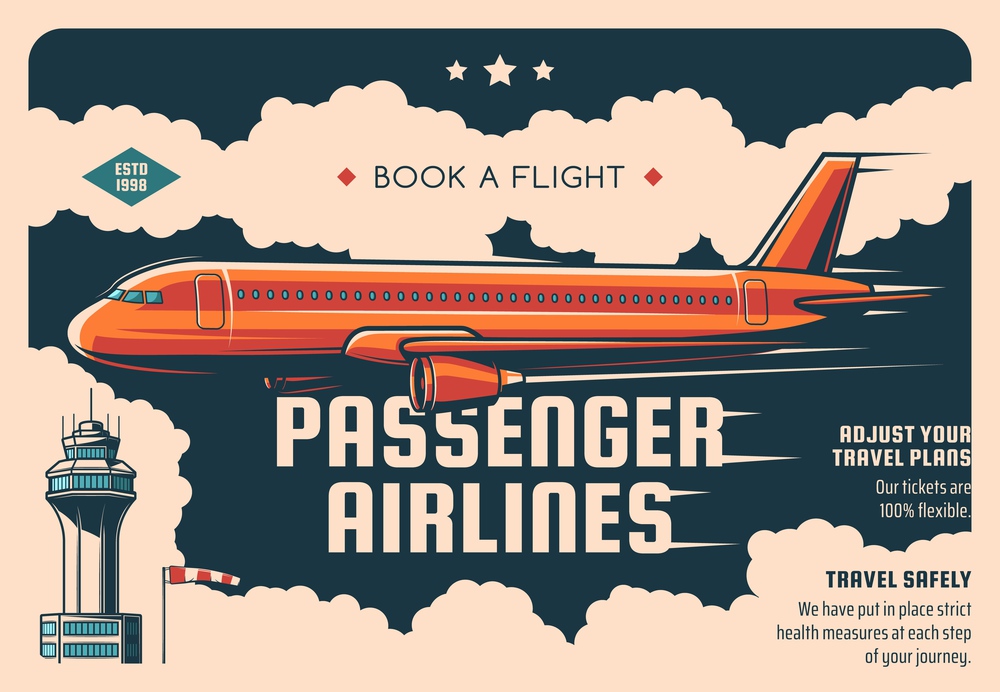 Passenger airline tickets booking service vintage vector poster. Airliner flying in sky, airport tower building and windsock. Airline travel and airplane commercial flight plan promo retro poster. Airline flight ticket booking service retro poster