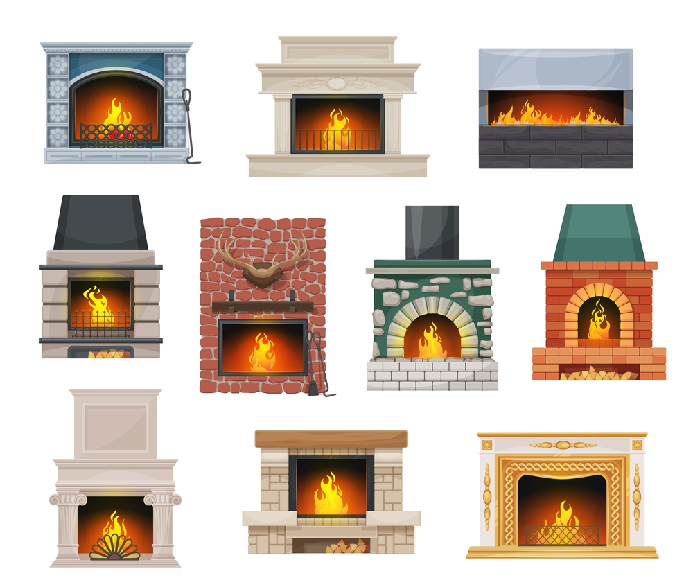 Modern and classic open hearth fireplaces set. Fireplace with stone, brick and marble mantel decorated ceramic tiles, deer antler and stucco elements, flaming fire, firewood chunks cartoon vector. Modern and classic open hearth fireplaces vector