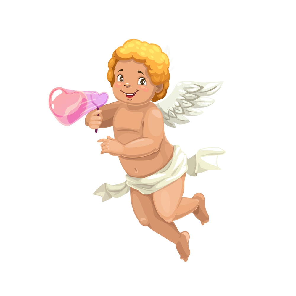Cupid blowing a soap bubble heart, vector Valentines Day angel. Amur or Cherub cartoon character with white wings and funny smile. February romantic holiday character. Cupid blowing a soap bubble heart, cartoon angel