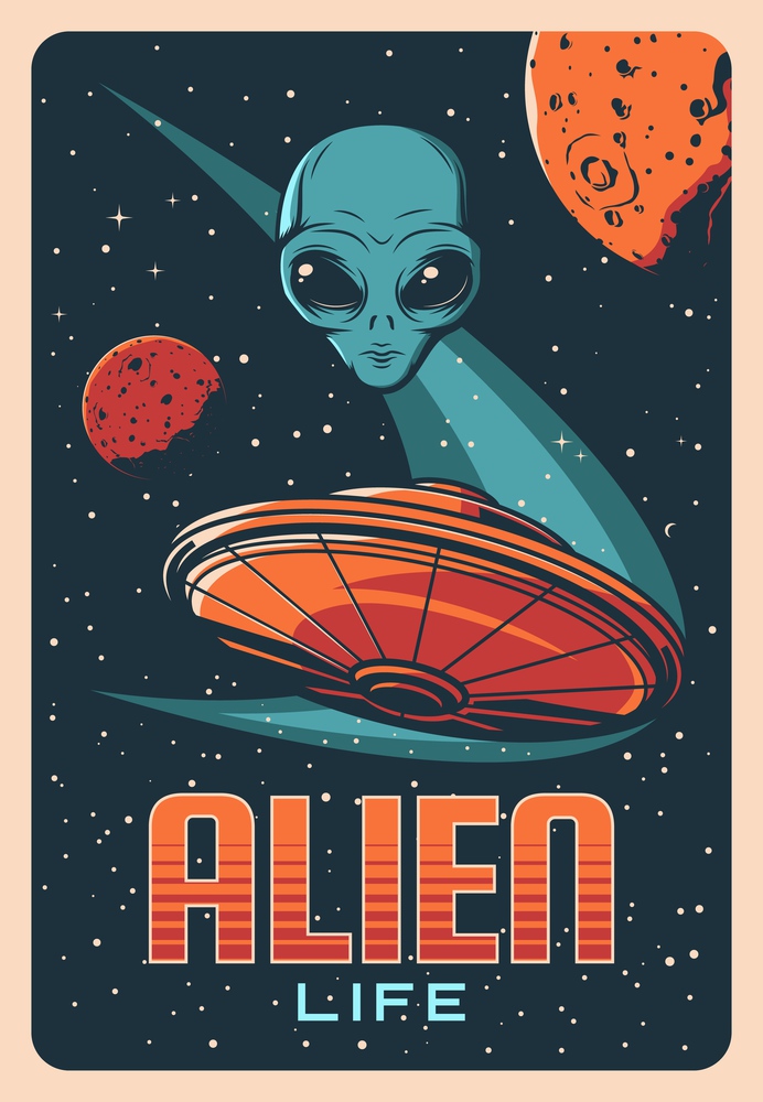 Alien head, planets and ufo spaceship in space, vector extraterrestrial comer with blue skin and huge eyes. Space exploration retro poster with galaxy, stars and planets, saucer in starry sky. Alien head, space planets and ufo retro vector