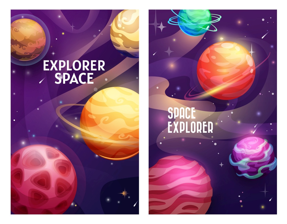 Space explorer vector banners of cartoon planets, stars and asteroids. Fantasy alien galaxy universe with meteorites, comets and orbit rings, satellites, craters. Space travel and astronomy science. Space explorer banners, cartoon planets and stars
