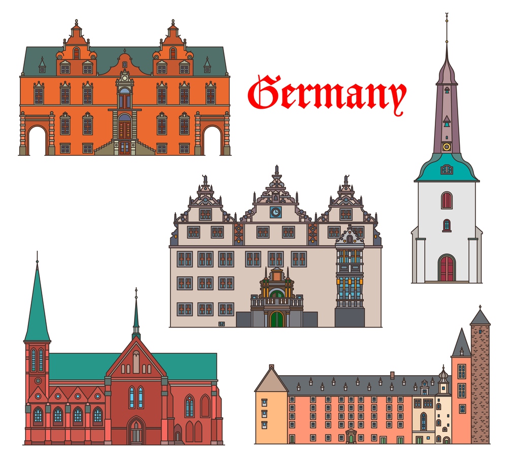 Germany travel landmarks architecture of Schleswig Holstein, cathedral and church buildings, vector. German landmarks of Munden rathaus and castle, Meldorf cathedral and Gluckstadt kirche church. Germany travel landmarks of Schleswig Holstein