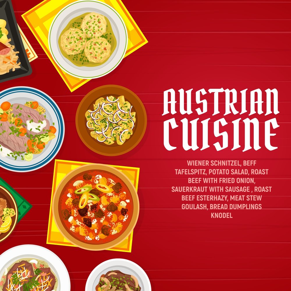 Austrian food cuisine dishes menu vector banner. Bread dumplings knodel, sauerkraut with sausage and beef tafelspitz, meat stew goulash, roast beef with fried onion and potato salad, wiener schnitzel. Austrian food cuisine restaurant dishes menu