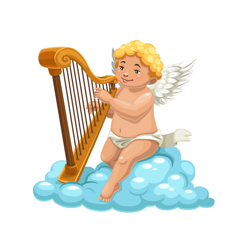 Cartoon cupid angel playing harp on cloud, vector character of romantic holiday. Amur, Cherub or Eros cartoon character with white wings and cute smile playing love song on heaven clouds. Cartoon cupid angel playing harp on cloud