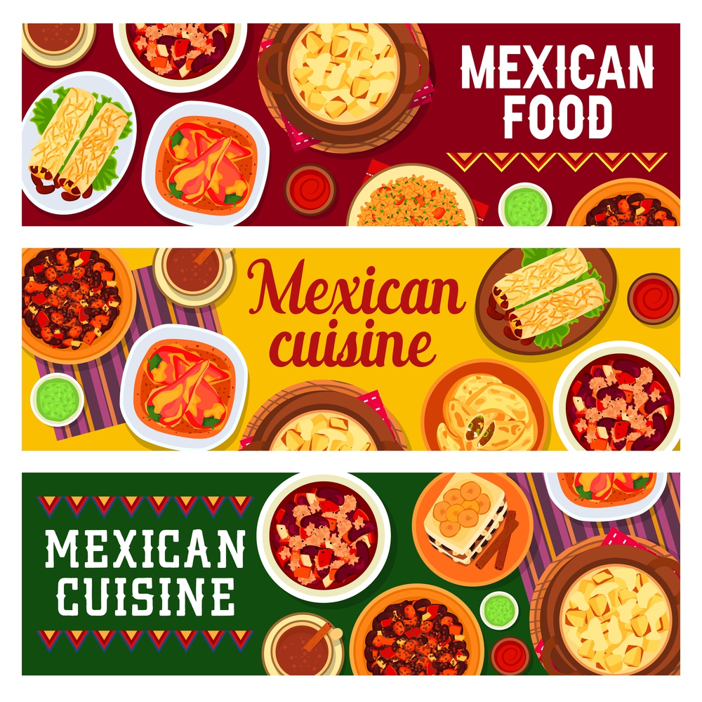 Mexican cuisine food banners vector spicy chicken wings, beef bean stew and chilli con carne. Tacos de pato with duck, rice, bread pudding capirotada and potato casserole with cheese, meat empanada. Mexican cuisine cartoon vector banners