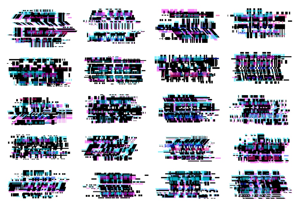 Glitch effect vector icons, abstract glitched distortion with colored stripes and random pixels. Television screen distorted glitch video, VHS camera and no signal TV effect isolated on white. Glitch effect, abstract glitched vector icons