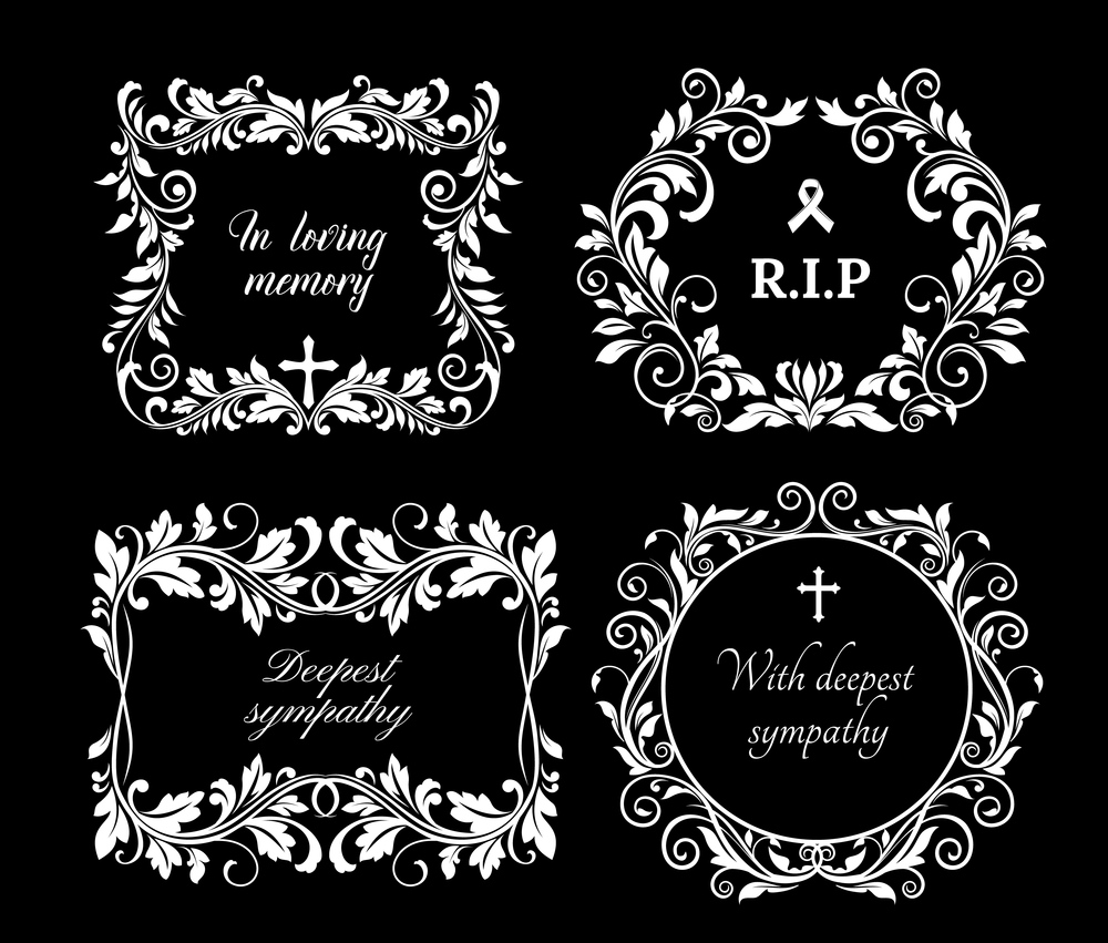 Funeral vector frames, isolated wreaths of floral design with crosses, leaves and flourishes. Mourning condolence cards. Obituary mournful funereal monochrome memorial borders, laurel wreath. Funeral vector frames, isolated floral borders
