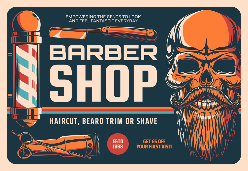 Barbershop, haircut, beard shave or trim retro banner. Vector barber shop pole, hairdresser scissors, razor blade and hair clipper or trimmer, skull of hipster man with stylish beard and mustache. Barbershop, haircut, beard shave or trim banner