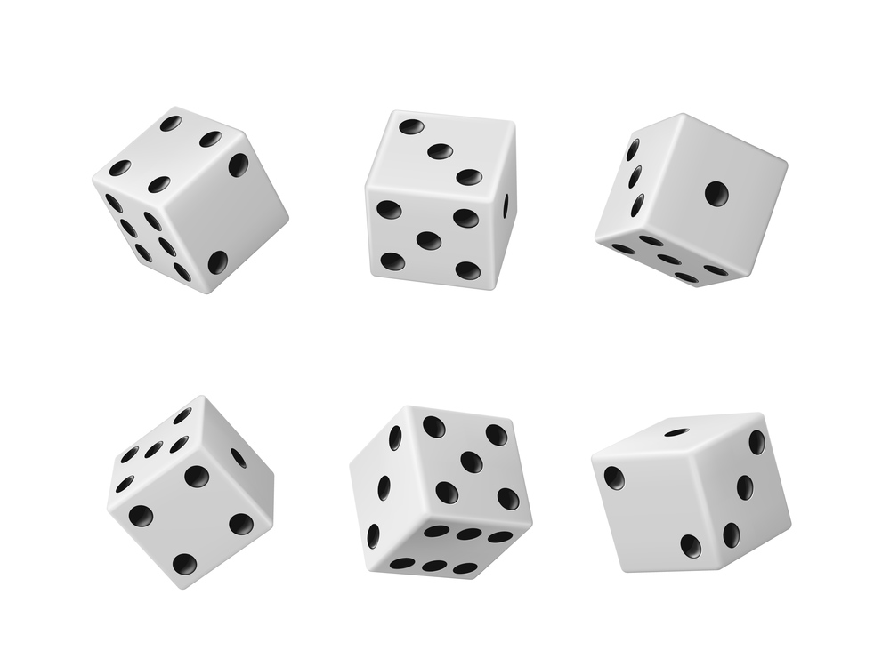 Gambling game dice realistic vector set of casino craps, poker and tabletop board games Isolated white play dice cubes with black dots or pips in different positions, entertainment. Gambling game dice, casino craps realistic set