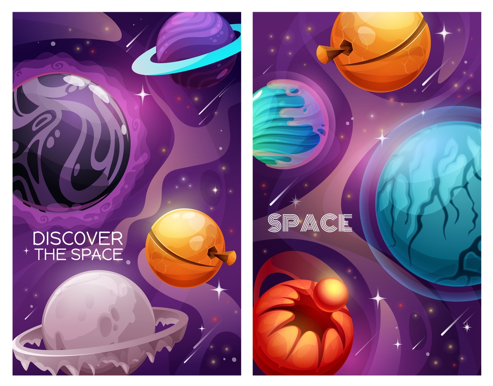 Planets and stars in space. Alien galaxy universe vector banners. Cartoon planets of fantasy solar system with flying asteroids, comets and orbit rings, colorful surfaces of ice, craters and cracks. Planets and stars in space, alien galaxy universe
