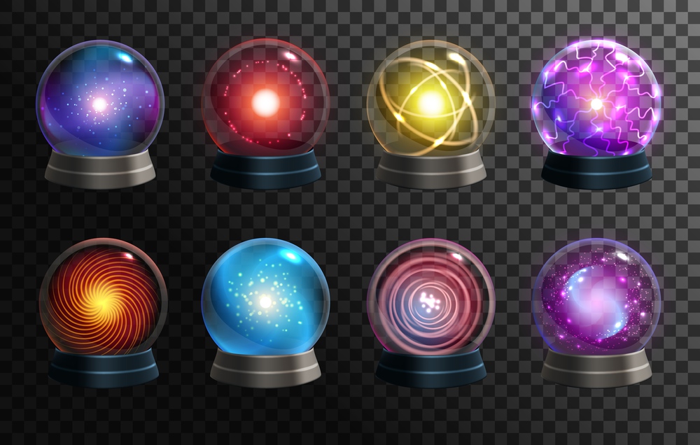 Magic crystal balls on transparent background, vector globes of fortune teller, oracle and Halloween wizard. Realistic 3d glass spheres or glowing orbs with magical lights, circles and mystery glow. Magic crystal balls on transparent background