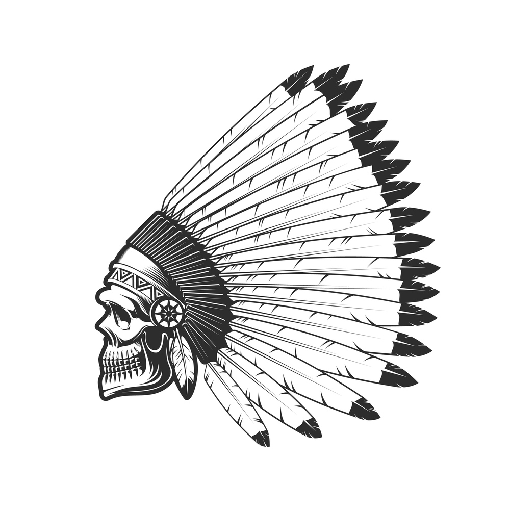 Indian chief skull tattoo, American native warrior head in feather headdress hat. Native American Indian Apache or Cherokee tribe chief skull in plumage headwear, skeleton profile. Indian chief skull, native American in feather hat