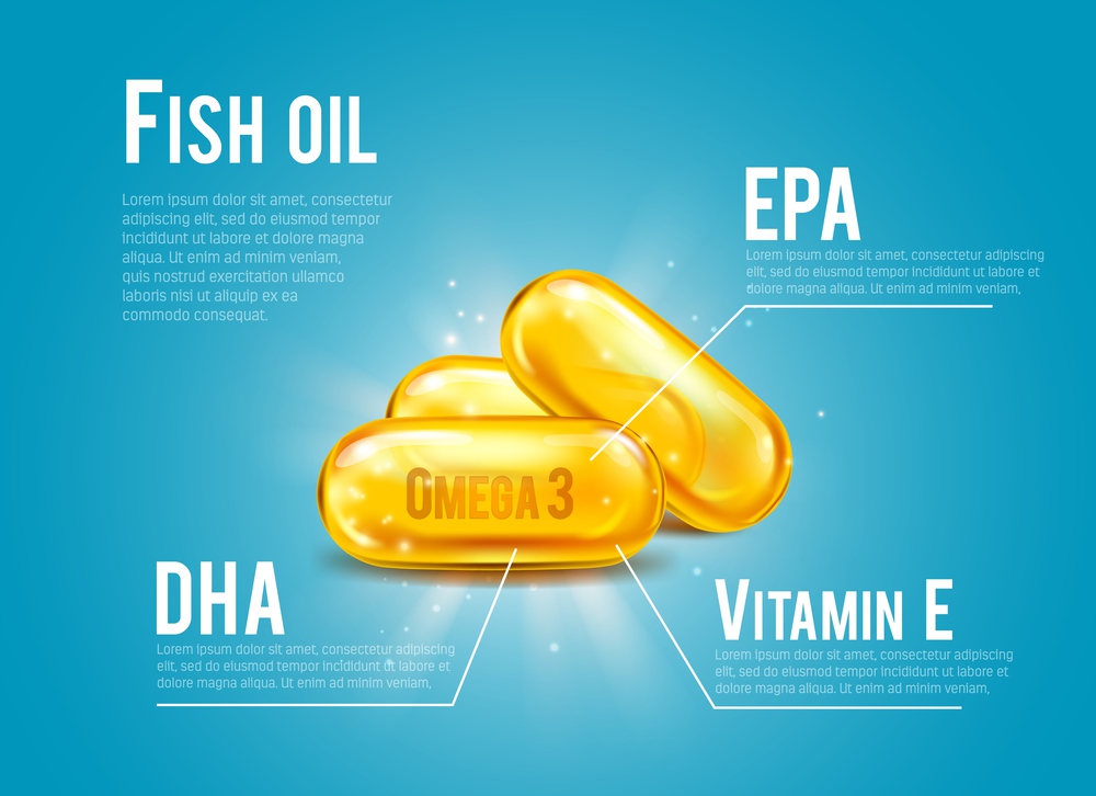 Fish oil pills content vector infographics with omega -3 fatty acids of DHA and EPA and vitamin E supplement yellow gel capsules with text template and sparkles. Medicine, health care, pharmacy design. Fish oil pills infographics, omega -3, DHA, EPA
