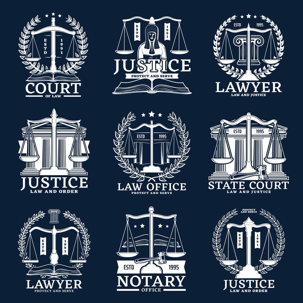 Notarial office, notary and lawyer service vector icons with scales, laurel wreaths, judge hammer and court buildings. Law and order protect, notarization, wills execution or regulation isolated set. Notarial office, notary and lawyer service icons