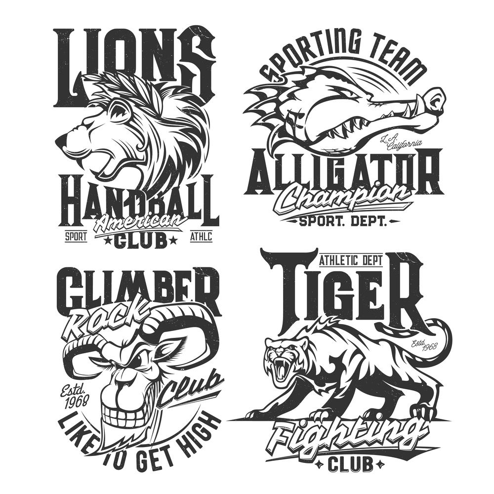 T-shirt prints with mountain goat, alligator, lion and tiger vector mascots. Heads of grin and roar wild animals for fighting and sport club symbols. Apparel rock climber and handball team design. T-shirt prints with goat, alligator, lion, tiger
