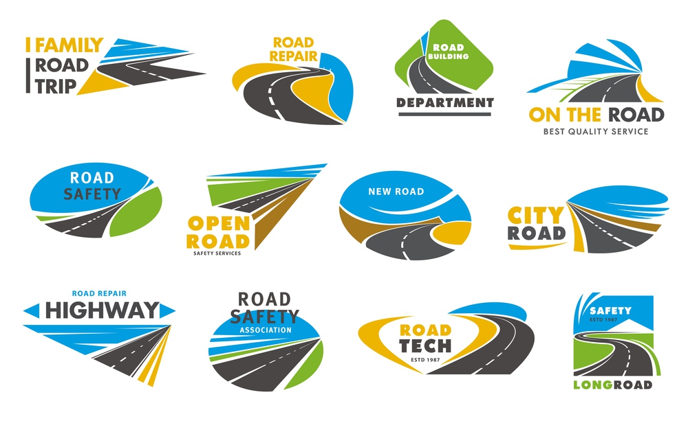 Road safety vector icons, pathway, highway repair. City highway road disappearing into the distance, travel or transportation service isolated emblem design. Driveway symbols, traffic signs, direction. Road safety vector icons, pathway or highway