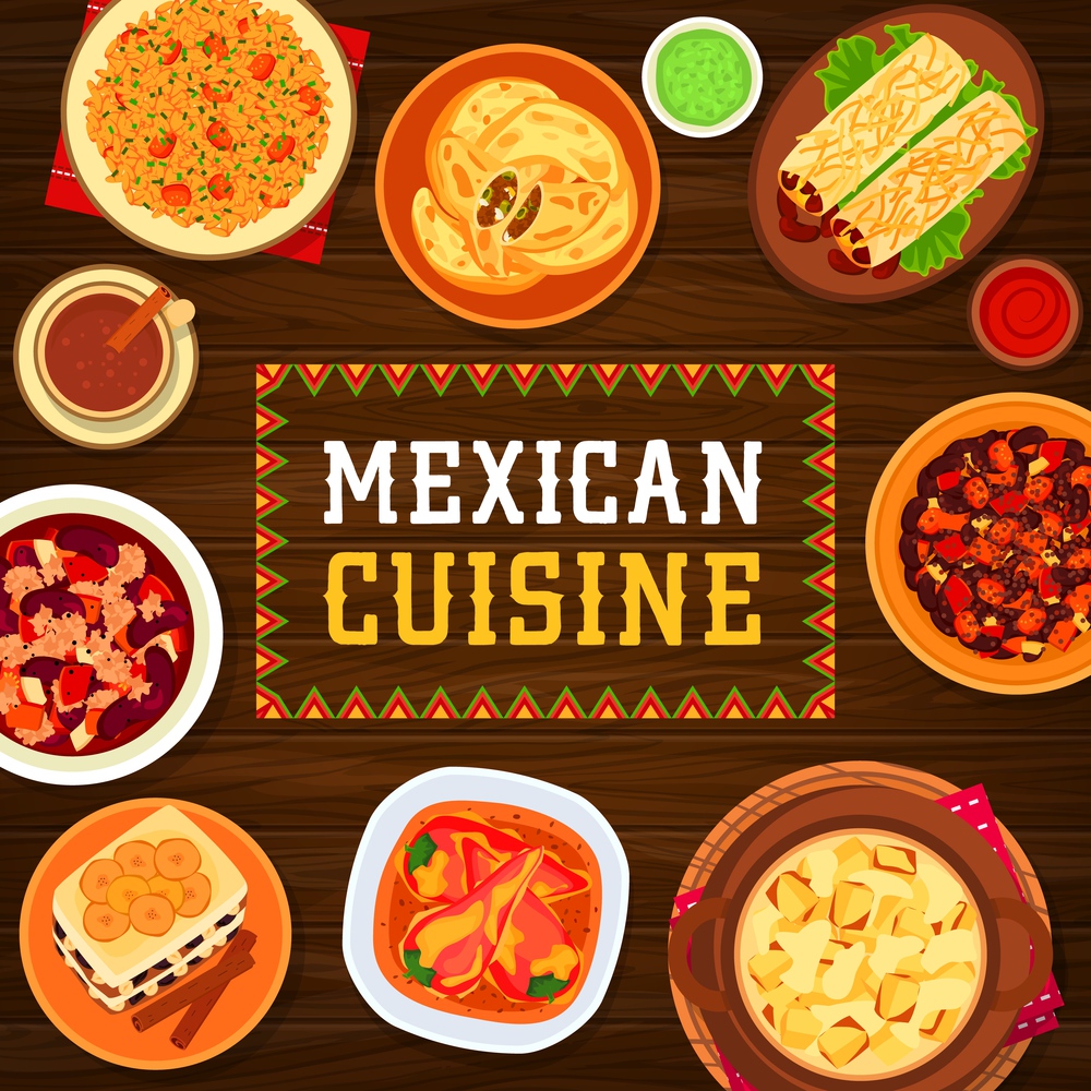 Mexican cuisine vector tacos de pato with duck, bread pudding capirotada or potato casserole with cheese. Meat empanada, beef bean stew chilli con carne or chilli rice with Mexican coffee meals poster. Mexican cuisine meals vector poster