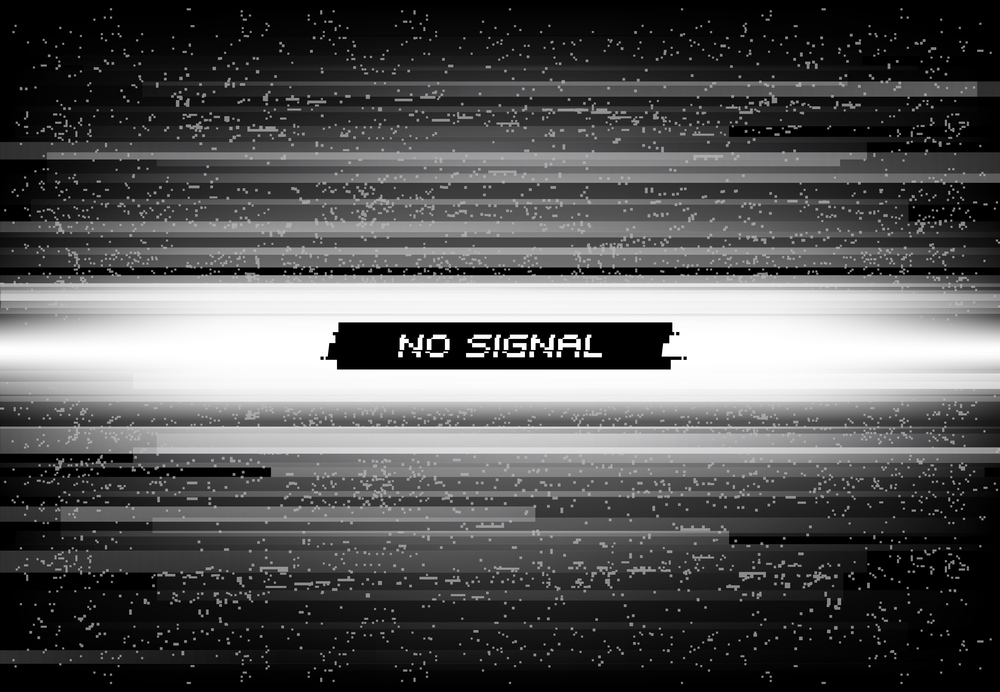 No signal on screen background, glitch mosaic digital noise. Video source failure, digital file corrupted or damaged data, television screen, computer display or monitor connection error. No signal screen background, glitch digital noise