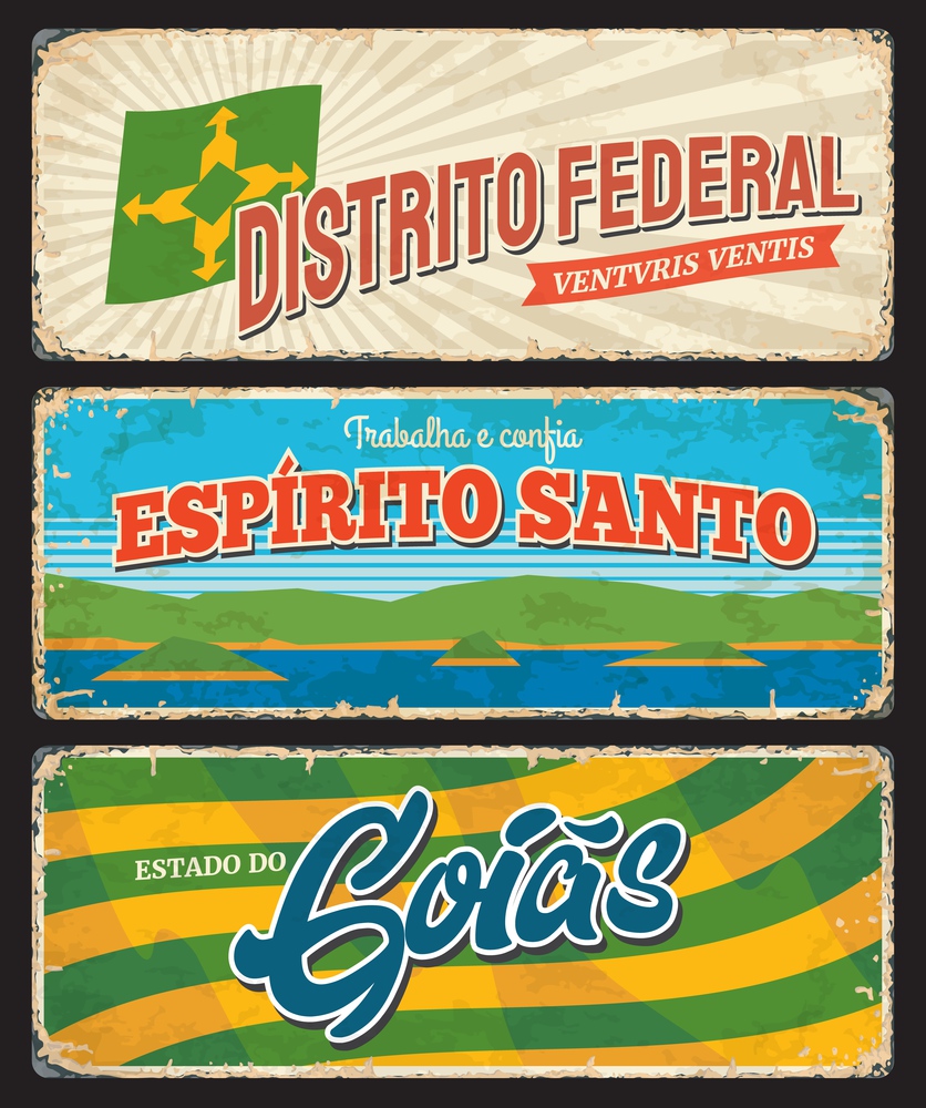 Brazil Goias, Espirito Santo and Distrito Federal provinces vector grunge rusty plates. Brasil estados or community lands metal rusty plates with welcome city taglines, flags and landmarks. Goias, Distrito Federal, Espirito Santo provinces