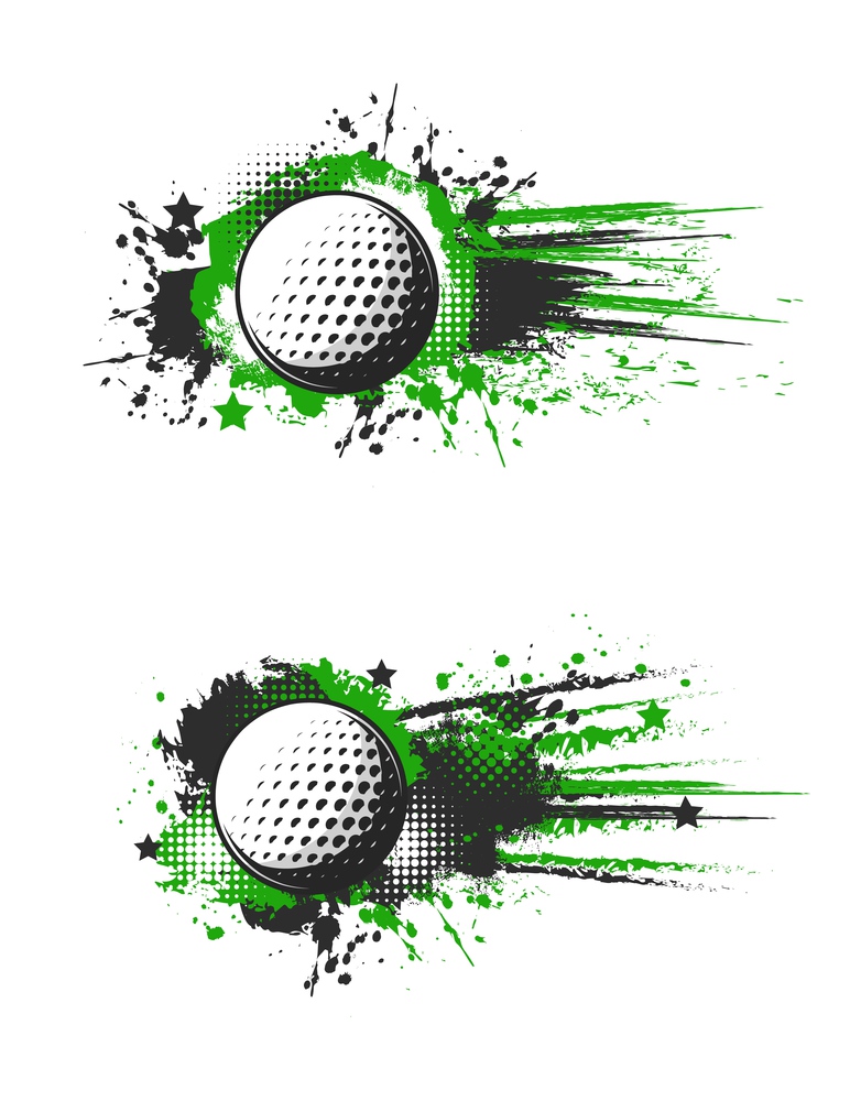 Golf banner, golf ball splash, sport championship and tournament, vector background. Golf sport league or team game banner sign with green and black halftone hit splash and stars, championship flag. Golf banner, golf ball splash, sport championship