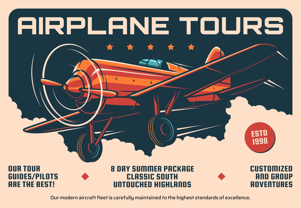 Airplane tours service, air travel retro banner. Vector airplane, pilot and guide rent, summer vacation touristic adventure vintage promo poster. Antique propeller monoplane aircraft flying in clouds. Airplane travel tours service retro vector poster