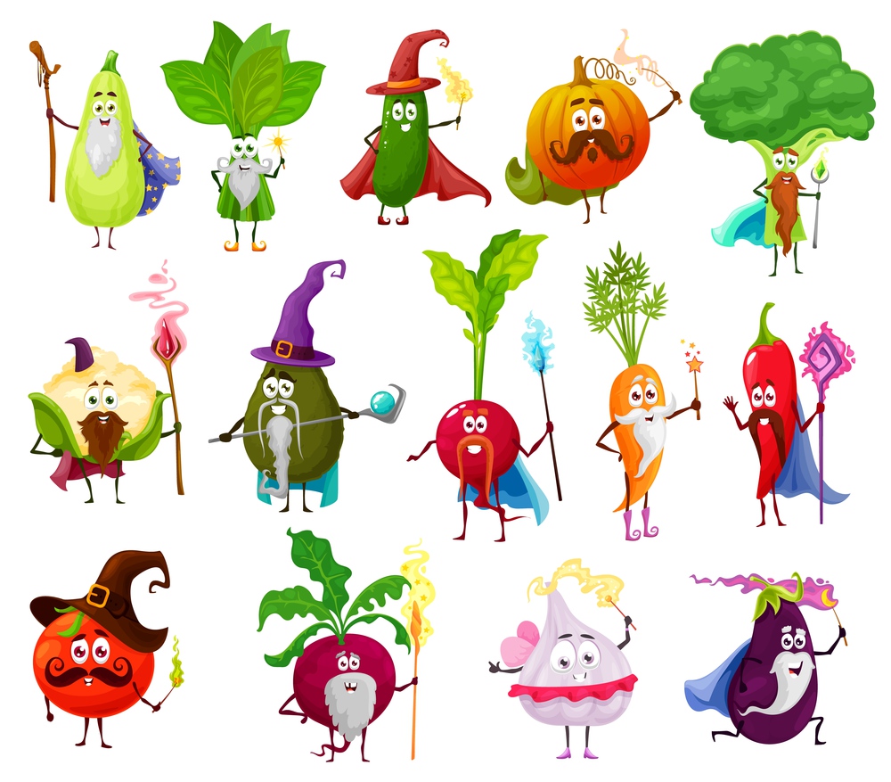 Magician, witch, wizard veggies vector characters. Vegetable cartoon fairy and sorcerer wizards. Pepper, tomato, carrot and garlic, radish and broccoli, cucumber and spinach, cauliflower and avocado. Magician, witch and fairy wizard vector veggies
