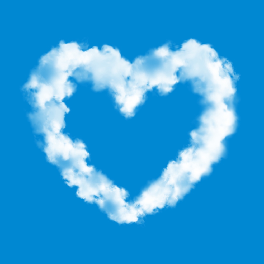 Heart cloud on blue sky background realistic vector of love and Valentine Day. Heart shaped white fluffy clouds, airplane smoke, plane trail or contrail, steam or fog air, romantic holiday or wedding. Heart cloud on blue sky background, love symbol
