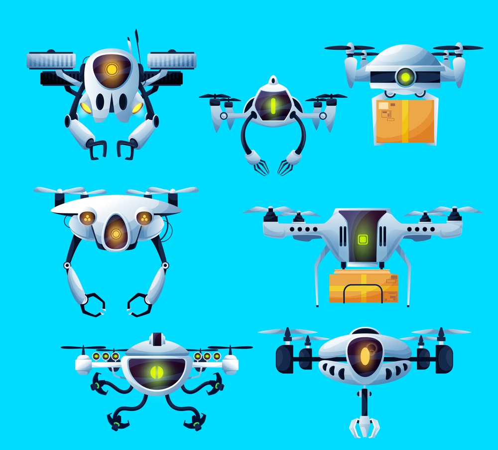 Drone robots, flying technology and delivery parcels, vector remote control aircraft. Robot drones with camera surveillance and copters for air delivery logistics, transportation or future service. Flying robots, drones, parcels delivery copter