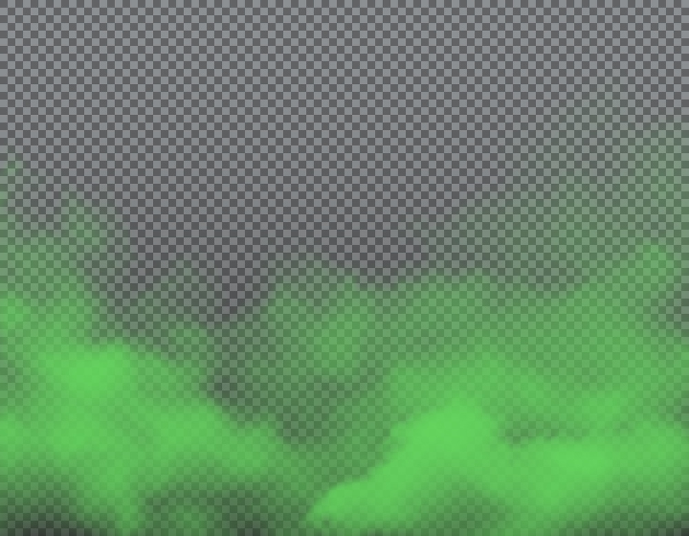 Green bad smell on transparent background with realistic vector clouds of stink, smoke, odor and stench vapor. Fog, mist, haze, steam and toxic gas evaporation 3d backdrop and border design. Green bad smell on transparent background