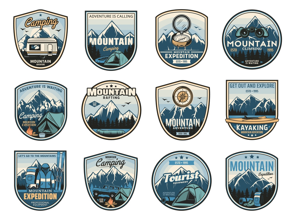 Mountain camping expedition, travel adventure icons and nature tourism badges, vector. Outdoor camp travel, mountaineering, climbing, rafting and kayaking, trekking and hiking tourist expedition. Mountain camping expedition travel adventure icons