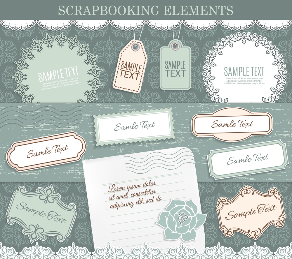 Scrapbooking elements, vector paper stickers. Design elements for scrapbook decoration on background with retro flourishes and borders, tags and labels for text and notes or messages in vintage style. Scrapbooking elements, vector paper stickers set