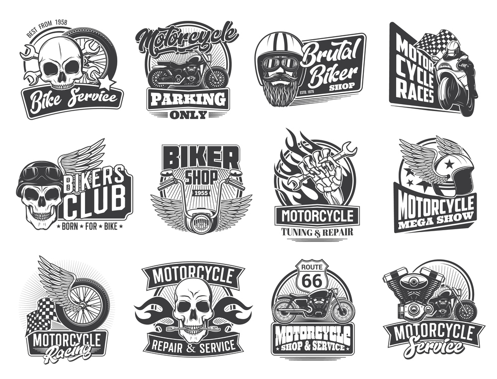 Motorcycle races and biker garage icons, skull and moto wheel on wings vector symbols. Motorcycle racing and chopper bikes show, mechanic repair and tuning garage service or parking sign with helmet. Biker and motorcycle races icons, skull and wings
