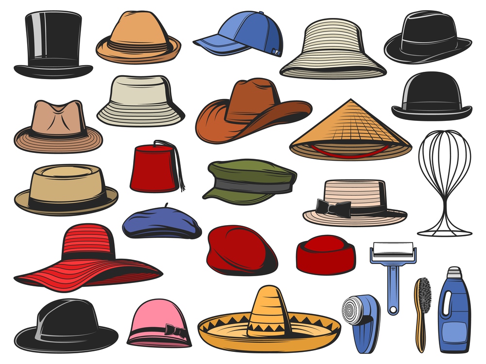Hats and caps vector. Man and woman headwear icons. Cowboy, Asian straw and cylinder hats, beret, bowler, fedora and beanie, baseball cap, sombrero, cloche, panama and pillbox headdress. Hat and cap icons. Man and woman headwear
