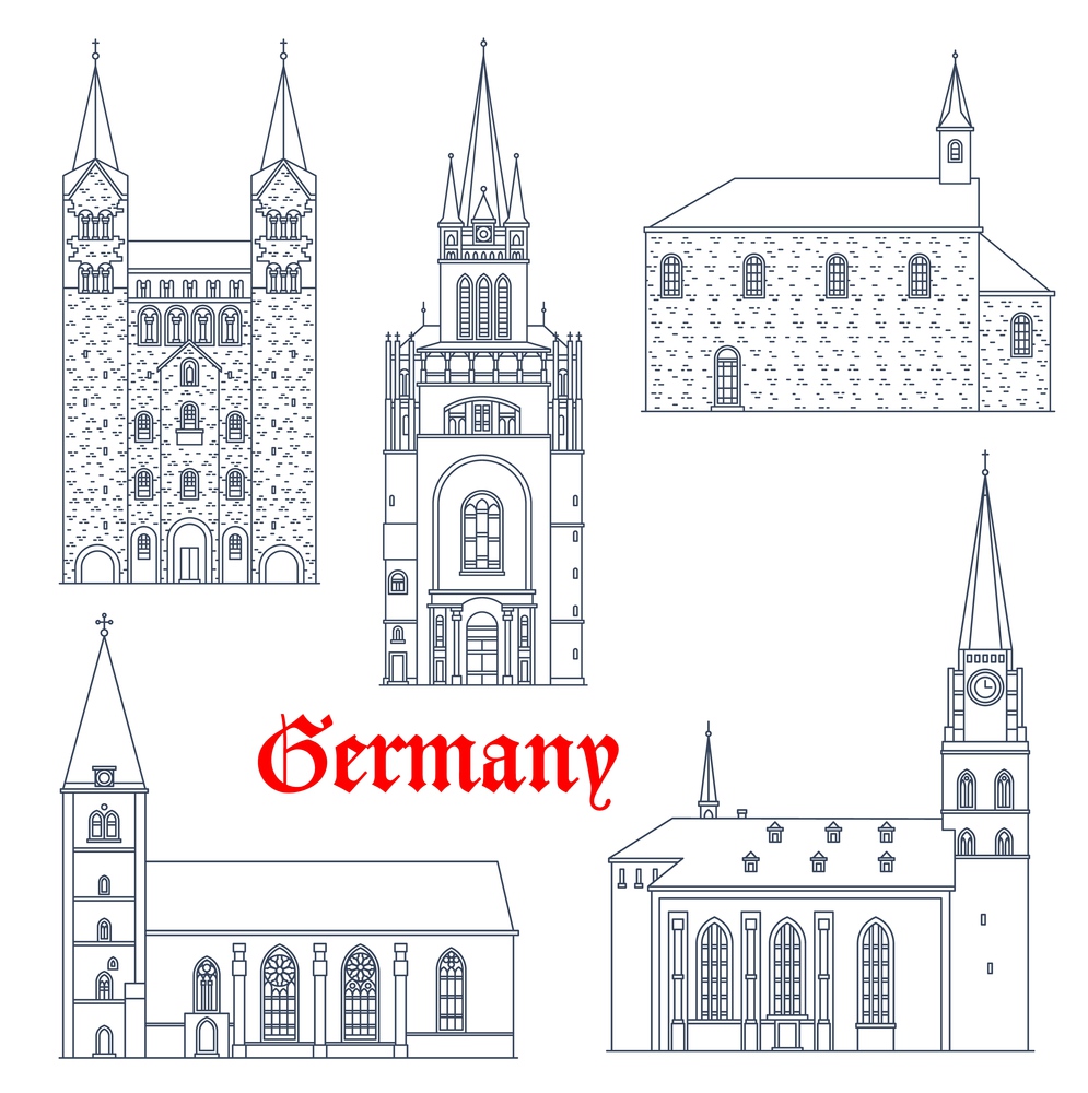 Germany travel landmarks, gothic castles and cathedrals vector icons, Germany buildings. St Maria church in Lemgo and Bielfeld, Hoxter Corvey Abbey, Saint Nikolai chapel in Soest and Pfalz in Aachen. Germany travel landmarks, castles and cathedrals