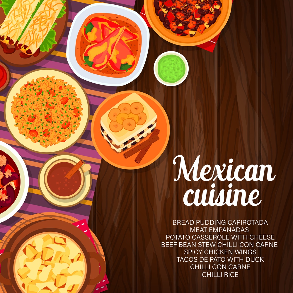 Mexican cuisine vector potato casserole with cheese and meat empanada. Spicy chicken wings, coffee, beef bean stew, chilli con carne. Tacos de pato with duck, chilli rice food of Mexico cartoon poster. Mexican cuisine, Mexico food cartoon vector poster