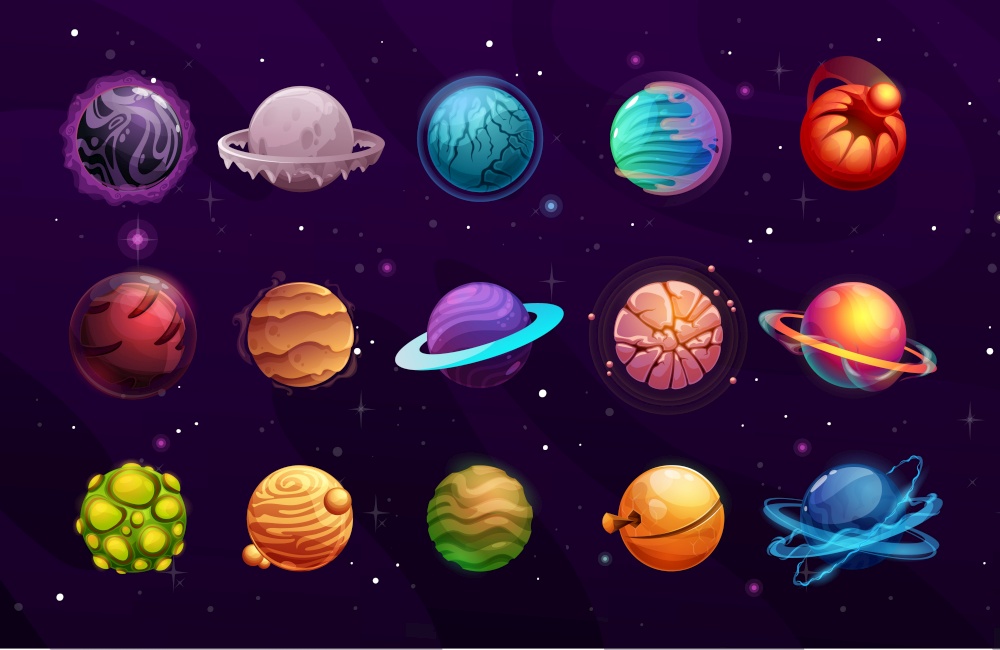 Planets of alien or fantasy space cartoon vector space game ui. User interface elements of another world universe galaxy space planets and stars with frozen ice, orbits, satellites and craters. Planets of alien or fantasy space, cartoon game ui