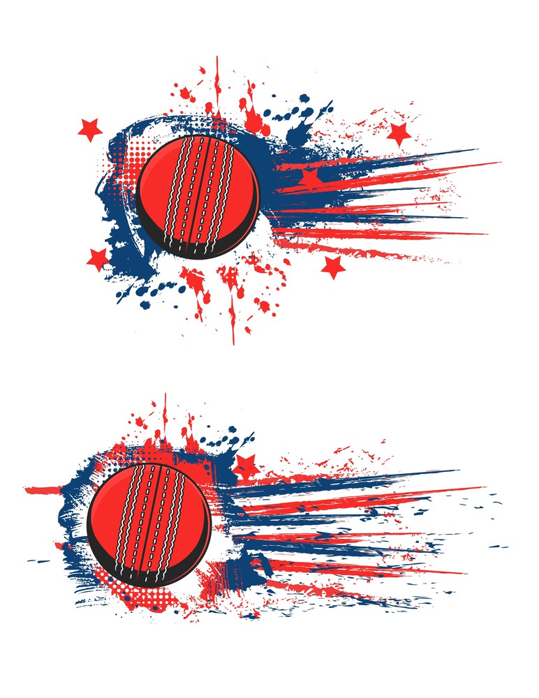 Cricket ball vector banner, sport game championship splash halftone flag. Cricket club and team league badges with ball on red blue splash hit for fan club and varsity team game. Cricket sport, ball halftone splash banner flag