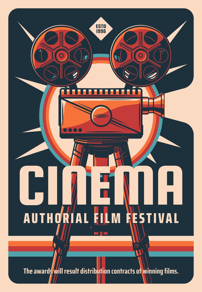 Cinema authorial films festival retro poster. Old cinema camera with reels on tripod, vintage typography engraved vector. Arthouse films festival promo banner, art conquest award ceremony invitation. Cinema authorial film festival vector retro poster