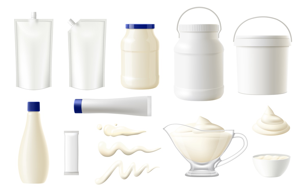 Mayonnaise food packages vector mockups, realistic blank pouches, white plastic bags, packs and doypacks with spouts. Isolated boxes, buckets, jar, tube and bottle, sachet and bowl of mayonnaise sauce. Mayonnaise food packages, realistic pack mockups
