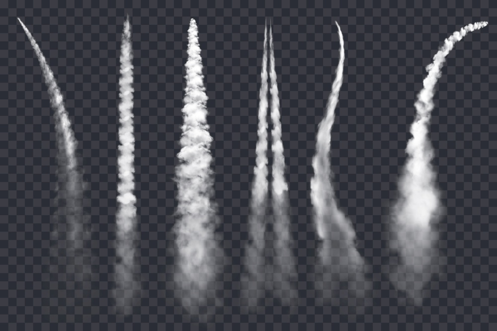 Rocket smoke or jet airplane vector trails isolated on transparent background. 3d realistic white clouds and contrails of plane or spaceship, aircraft and spacecraft condensation trails design. Rocket smoke, jet airplane trail, realistic vector