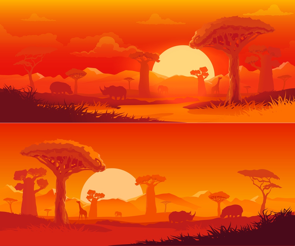 African savanna nature vector landscape at sunset. Safari animal, dusk orange sky, sun and cloud, savannah baobab tree, elephant and giraffe, rhino and hippo, savannah mountain silhouettes. African savanna nature landscape at sunset