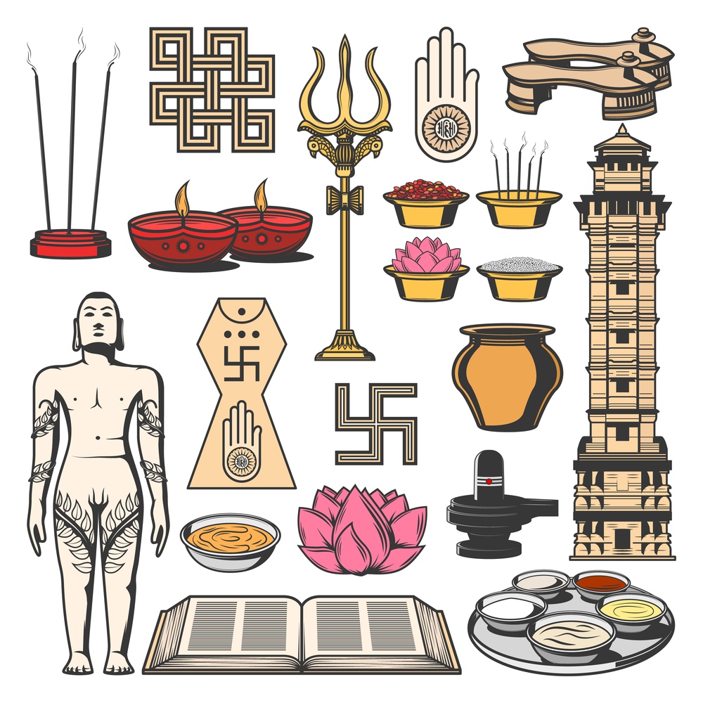 Jainism Indian religion symbols with vector sketches of Jain Dharma, ahimsa and kalash pot. Jain Prateek Chihna, diya lamps, lotus, lingam and shrivatsa, paduka, bahubali, agama book and panchamrita. Jainism Indian religion symbols, Jain Dharma icons
