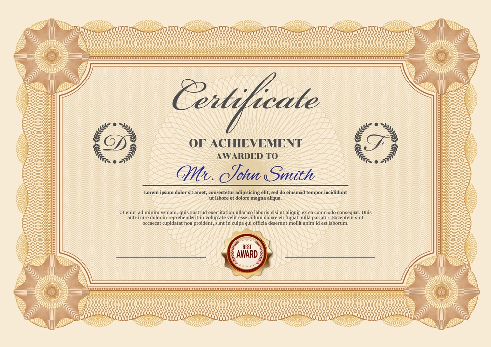 Professional achievement certificate or diploma vector template. Graduation, business success or victory congratulation document with guilloche ornate frame or border, seal and calligraphy. Business achievement certificate vector template