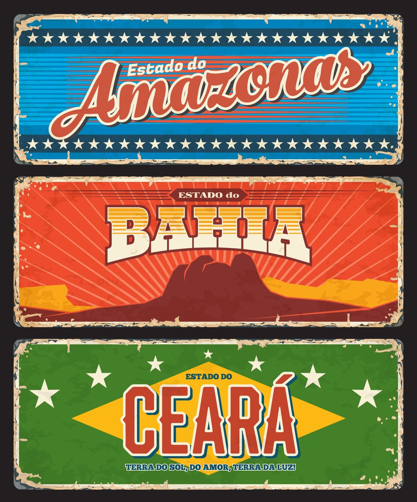 Brazil Amazonas, Bahia and Ceara states signs, vector metal grunge plates. Brasil estados or community land metal rusty plates with welcome city taglines, flags and landmark symbols. Brazil Bahia, Ceara, Amazonas state plates