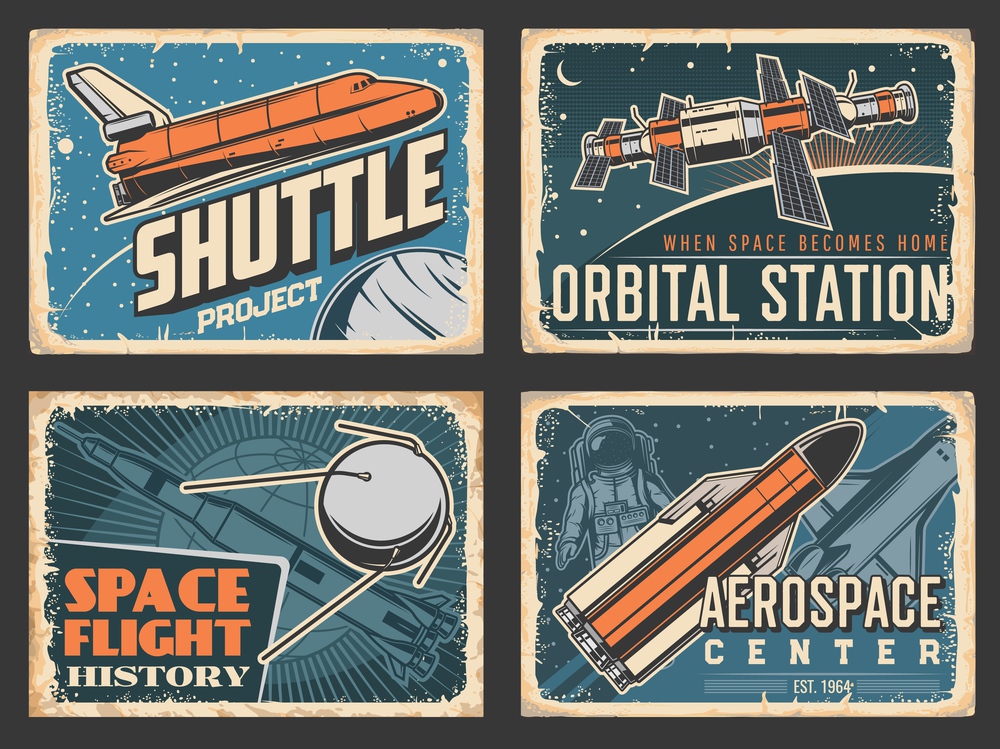Space retro posters, orbital station and shuttle rocket launch project for galaxy exploration. Vector astronaut and cosmonaut spaceship, aerospace center and satellites flight history museum. Space retro posters, orbital station and shuttle